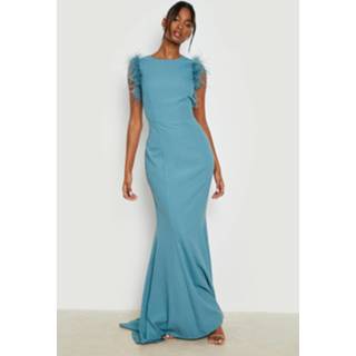 👉 Jurk blauw Fishtail Maxi Met Open Rug En Veren, Blue 1301010618