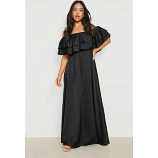 👉 Petite Satijnen Off Shoulder Maxi Jurk Met Ruches, Black