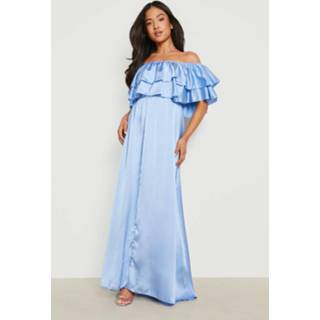 👉 Petite Satijnen Off Shoulder Maxi Jurk Met Ruches, Pale Blue