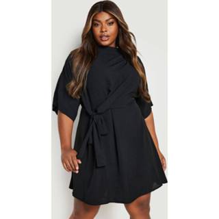 👉 Plus Geknoopte Skater Jurk Met Textuur En Waterval Hals, Black
