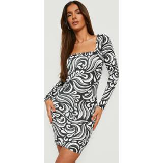 👉 Mini jurk zwart Strakke Swirl Print Met Vierkante Hals, Black