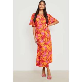 👉 Geweven Bloemen Midi Jurk Met Engelenmouwen, Pink