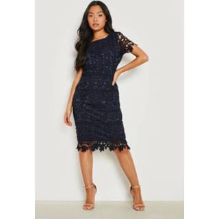 👉 Petite Premium Kanten Midi Jurk Met Open Rug, Navy