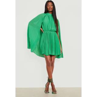 👉 Geplooide Chiffon Skater Jurk Met Hoge Hals, Bright Green