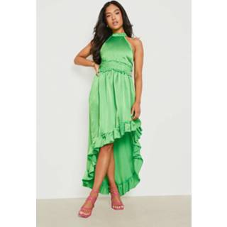 👉 Petite Satijnen Maxi Jurk Met Geplooide Zoom En Geplooide Taille, Olive