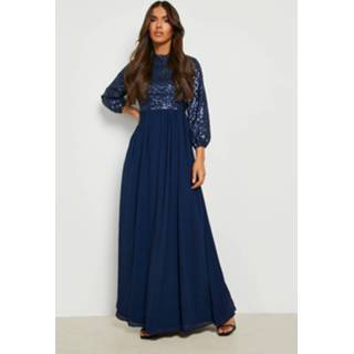 👉 Jurk marine Glitter Maxi Bruidsmeisjes Met Pailletten En Hoge Hals, Navy