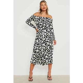 👉 Luipaardprint Midi Skater Jurk Met Vierkante Hals, Brown