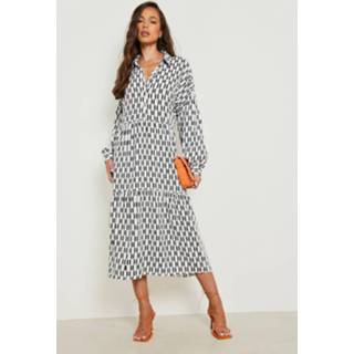 👉 Blousejurk wit Oversized Geo Print Maxi Blouse Jurk Met Laagjes, White