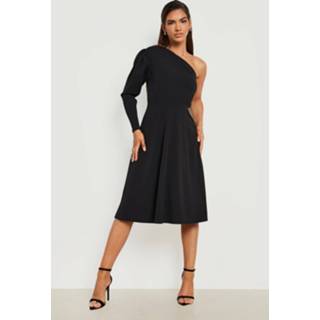👉 Assymetrische Midi Skater Jurk Met Pofmouwen, Black