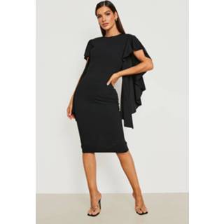 👉 Bodycon Midi Jurk Met Ruches En Cape Detail, Black