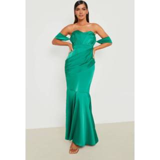👉 Gedrapeerde Satijnen Fishtail Maxi Jurk, Emerald