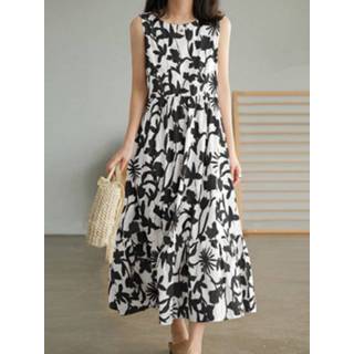 👉 Sleeveless polyester s vrouwen zwart Plant Print Ruch Ruffle Hem Casual Dress