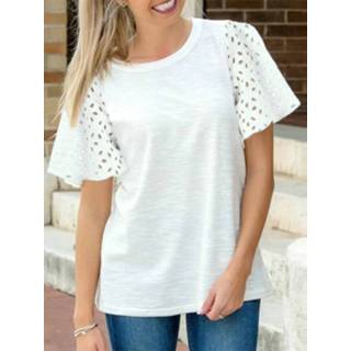 👉 Short sleeve polyester s vrouwen zwart Women Solid Eyelet Crew Neck Casual T-shirt