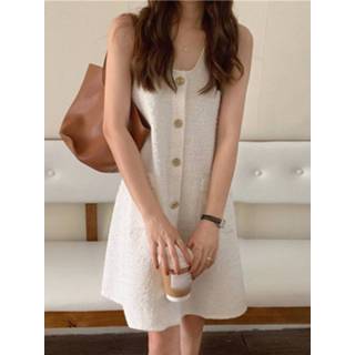 👉 Sleeveless polyester s vrouwen zwart Solid U-neck Casual Fake Button Pocket Dress
