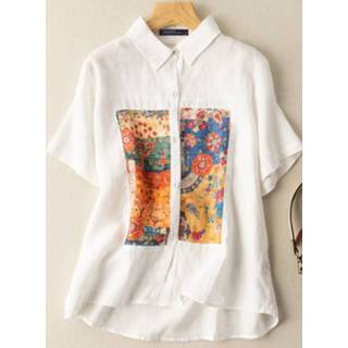 👉 Short sleeve polyester s vrouwen wit Flower Painted Loose Lapel Casual Shirt