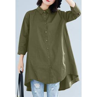 👉 Casual shirt polyester s vrouwen wit Solid Button High-Low Hem Lapel Loose