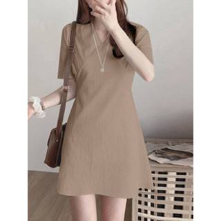 👉 Short sleeve polyester s vrouwen zwart Solid Invisible Zip V-neck A-line Dress