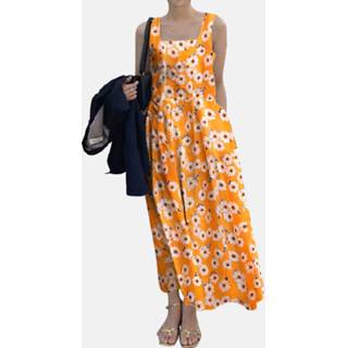 👉 Sleeveless polyester s vrouwen marine Flower Print Ruched Square Collar Midi Dress