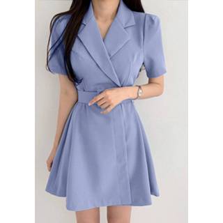 👉 Short sleeve polyester s vrouwen zwart Solid Lapel A-line Dress For Women