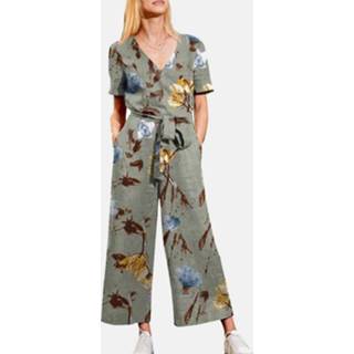 👉 Short sleeve polyester s vrouwen donkergroen Flower Print Wrap Pocket V-neck Belt Jumpsuit