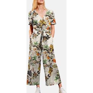 👉 Short sleeve cotton s vrouwen geel Flower Print Pocket Wrap V-neck Belt Jumpsuit