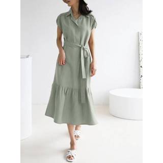 👉 Short sleeve cotton s vrouwen zwart Solid Slit Pocket Lapel Dress With Belt