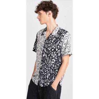 👉 Shirts korte mouw polyester s male Dark Gray Mens Leopard Matching Print Revere Collar Short Sleeve