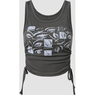 👉 Sleeveless polyester s vrouwen grijs Eyes Graphic Drawstring Crew Neck Crop Tank Top