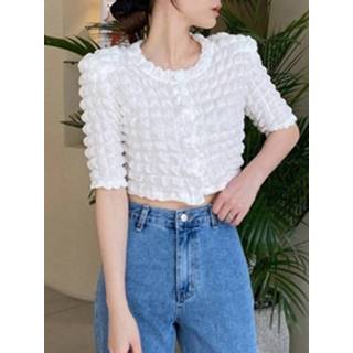 👉 Short sleeve polyester s vrouwen wit Solid Textured Button Crew Neck Crop Top