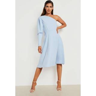 👉 Assymetrische Midi Skater Jurk Met Pofmouwen, Light Blue