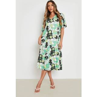 👉 Gesmokte Paisley Midi Jurk Met Losvallende Zoom, Green