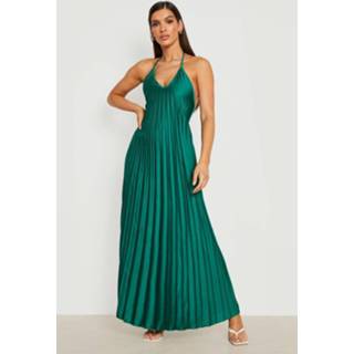 👉 Jurk donkergroen One Size Geplooide Satijnen Maxi Met Halter Neck, Green