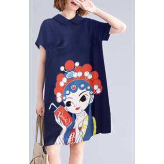👉 Short sleeve polyester s vrouwen marine Peking Opera Pattern Pocket Midi Dress