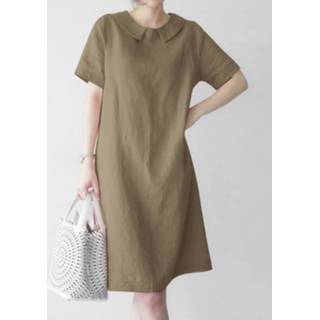 👉 Short sleeve cotton s vrouwen zwart Women Solid Peter Pan Collar Dress