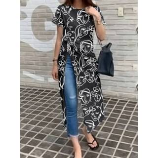 👉 Short sleeve polyester s vrouwen zwart Figure Pattern Split Twist Round Neck Casual T-Shirt