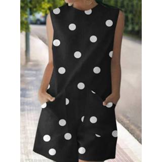 👉 Sleeveless polyester s vrouwen zwart Dot Print Pocket Crew Neck Casual Romper
