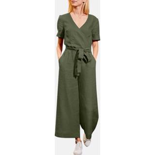 👉 Casual jumpsuit cotton s vrouwen marine Solid Sash Pocket V Neck