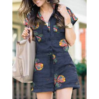 👉 Rompertje cotton s vrouwen marine Flower Print Drawstring Waist Pocket Button Front Romper