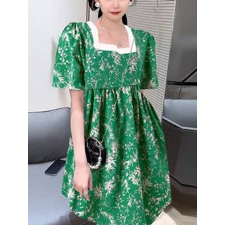 👉 Short sleeve polyester s vrouwen zwart Floral Print Square Collar Women Dress