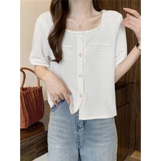 👉 Short sleeve polyester s vrouwen wit Contrast Knit Square Collar Women Blouse