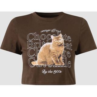 Short sleeve polyester s vrouwen bruin Funny Cat Print Crew Neck Casual T-shirt