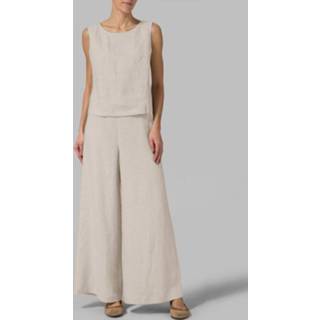 👉 Sleeveless cotton s vrouwen marine Solid Elastic Waist Split Round Neck Casual Suit
