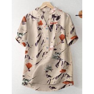 👉 Short sleeve polyester s vrouwen apricot Random Flower Print Button V-neck Blouse