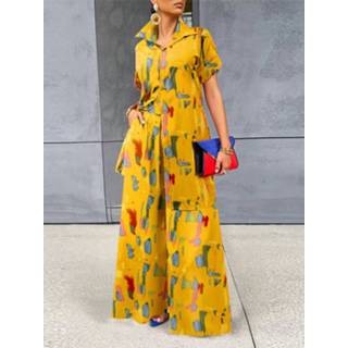 👉 Short sleeve polyester s vrouwen roze Brush Print Lapel Pocket Wide Leg Two Pieces Suit