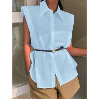 👉 Sleeveless polyester s vrouwen zwart Solid Slit Button Lapel Shirt For Women