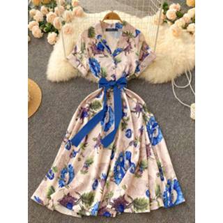 👉 Short sleeve polyester s vrouwen blauw Flower Print Lapel Button Front Dress With Belt