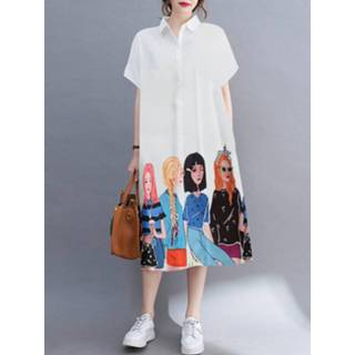 👉 Short sleeve polyester s vrouwen zwart meisjes Cartoon Girls Graphic Pocket Button Front Dress