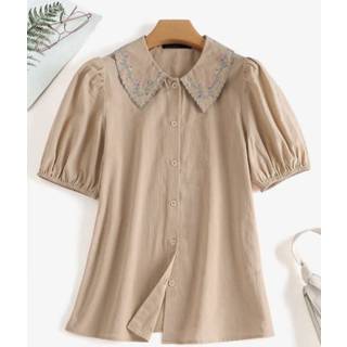 👉 Short sleeve polyester s vrouwen wit Floral Embroidery Button Front Lapel Blouse