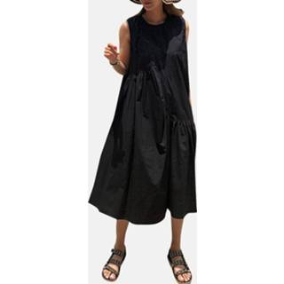 👉 Sleeveless polyester s vrouwen zwart Women Solid A-line Crew Neck Casual Dress