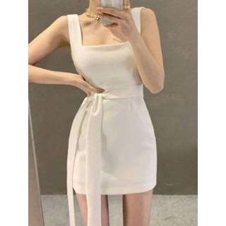 👉 Sleeveless polyester s vrouwen wit Solid Square Collar Tie Mini Women Dress
